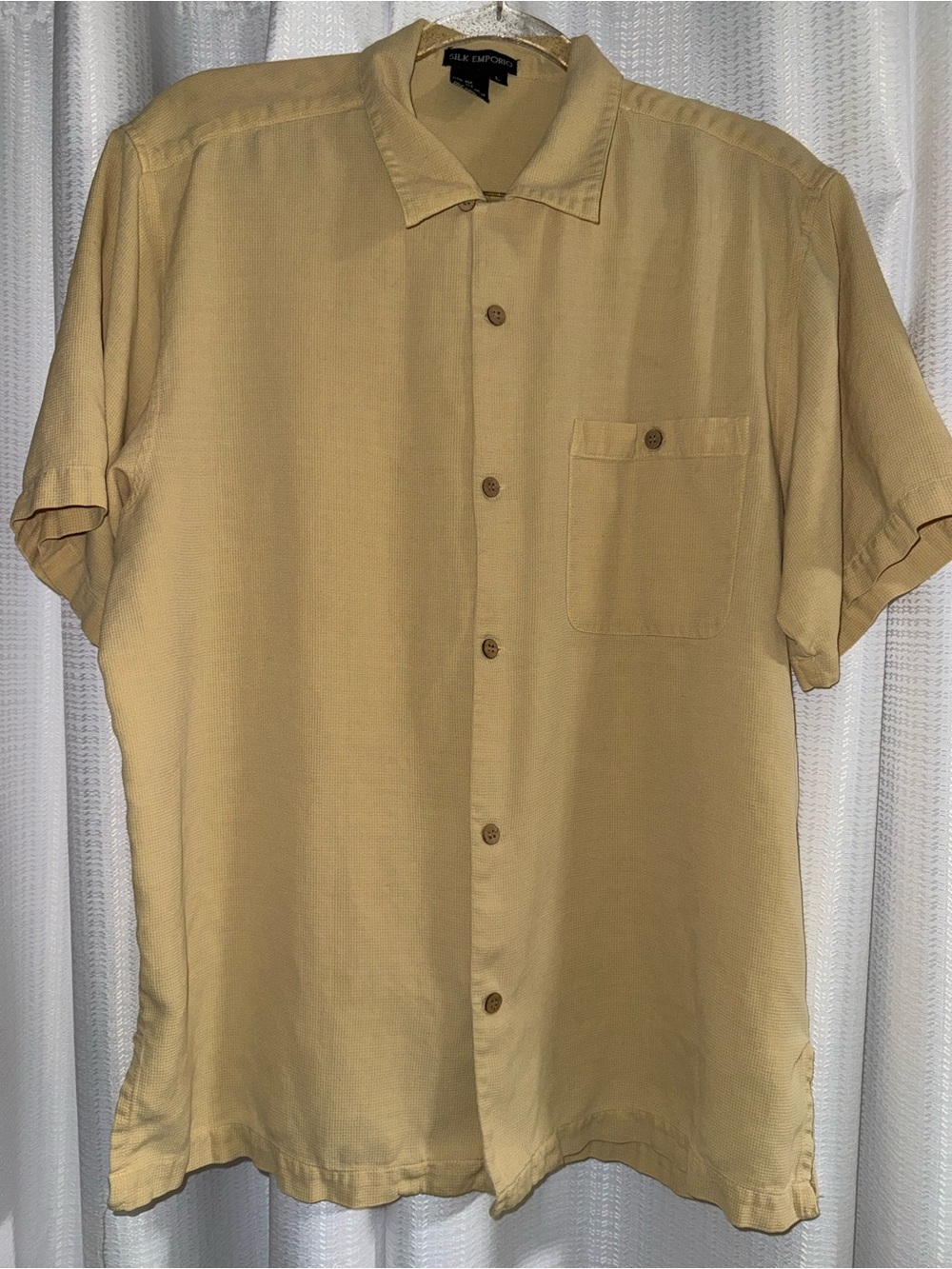 Men's Short-Sleeve Button-Up Shirt in Mustard large silk top